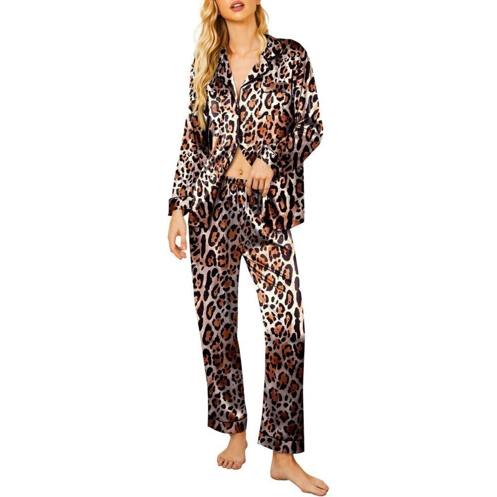 🆕Women Brown Long Sleeve Sleepwear Soft Button Down Set Loungewear Silk Satin